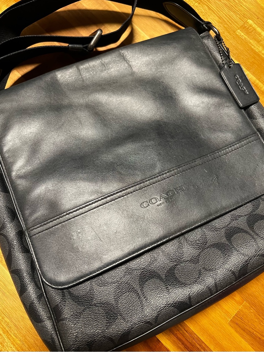 Coach Black Leather & Signature Canvas Crossbody Messenger Houston Map 573